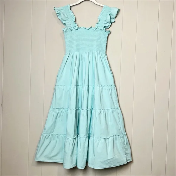 Hill House Home Ellie Nap Dress XS Bay Blue poplin stretch cotton ruffle midi - Picture 5 of 11